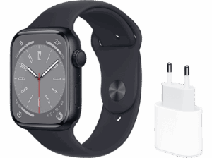 APPLE Watch Series 8 (2022) GPS 45 mm Caja de aluminio Vidrio delantero Ion-X + Adaptador de corriente USB-C de 20 W